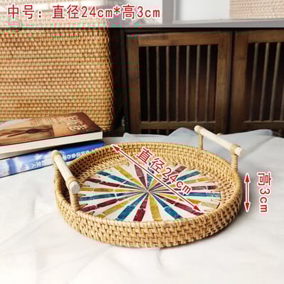 Rattan Kerek tárolótálca Kreatív Natural Shells Rattan kosár fogantyúval Dekorációs Ékszertároló Nappali Szervező