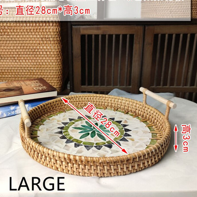 Rattan Kerek tárolótálca Kreatív Natural Shells Rattan kosár fogantyúval Dekorációs Ékszertároló Nappali Szervező