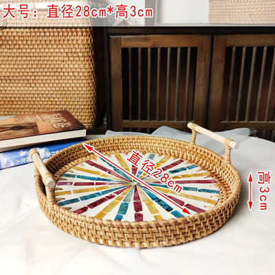Rattan Kerek tárolótálca Kreatív Natural Shells Rattan kosár fogantyúval Dekorációs Ékszertároló Nappali Szervező