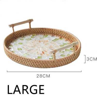 Rattan Kerek tárolótálca Kreatív Natural Shells Rattan kosár fogantyúval Dekorációs Ékszertároló Nappali Szervező