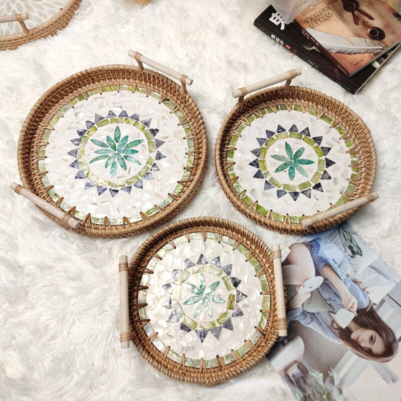 Rattan Kerek tárolótálca Kreatív Natural Shells Rattan kosár fogantyúval Dekorációs Ékszertároló Nappali Szervező
