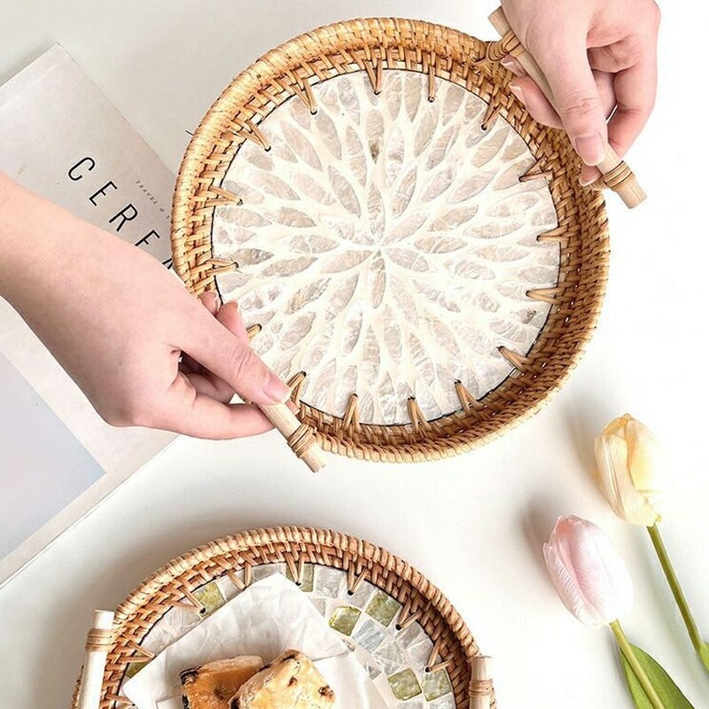 Rattan Kerek tárolótálca Kreatív Natural Shells Rattan kosár fogantyúval Dekorációs Ékszertároló Nappali Szervező