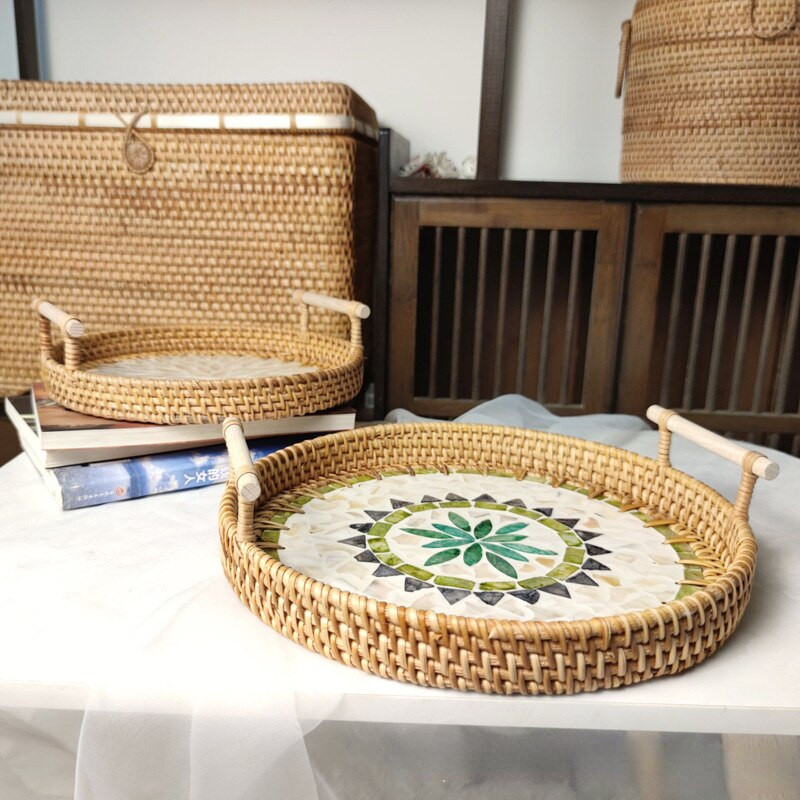Rattan Kerek tárolótálca Kreatív Natural Shells Rattan kosár fogantyúval Dekorációs Ékszertároló Nappali Szervező