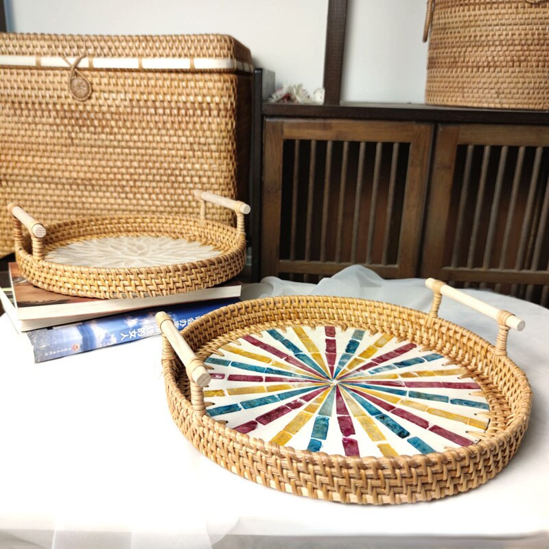 Rattan Kerek tárolótálca Kreatív Natural Shells Rattan kosár fogantyúval Dekorációs Ékszertároló Nappali Szervező
