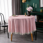 Ružový kockovaný okrúhly obrus so strapcami, obrus proti škvrnám, elegantný obrus, poťah na stôl, umelecký poťah na stôl, plášť