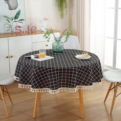 Ružový kockovaný okrúhly obrus so strapcami, obrus proti škvrnám, elegantný obrus, poťah na stôl, umelecký poťah na stôl, plášť