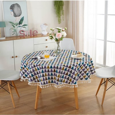 Ružový kockovaný okrúhly obrus so strapcami, obrus proti škvrnám, elegantný obrus, poťah na stôl, umelecký poťah na stôl, plášť