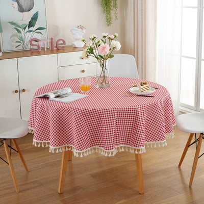 Ružový kockovaný okrúhly obrus so strapcami, obrus proti škvrnám, elegantný obrus, poťah na stôl, umelecký poťah na stôl, plášť