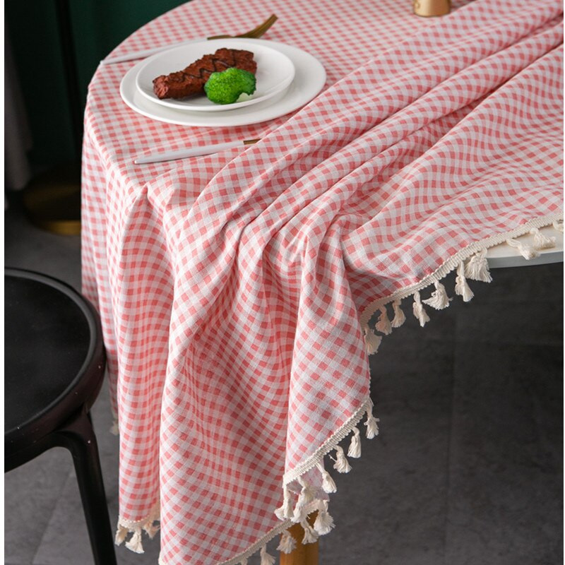 Ružový kockovaný okrúhly obrus so strapcami, obrus proti škvrnám, elegantný obrus, poťah na stôl, umelecký poťah na stôl, plášť