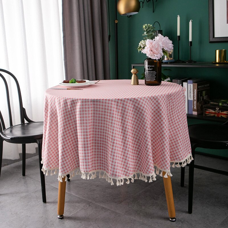 Ružový kockovaný okrúhly obrus so strapcami, obrus proti škvrnám, elegantný obrus, poťah na stôl, umelecký poťah na stôl, plášť