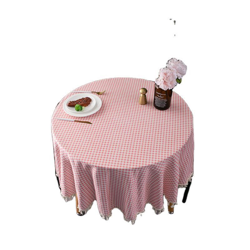 Ružový kockovaný okrúhly obrus so strapcami, obrus proti škvrnám, elegantný obrus, poťah na stôl, umelecký poťah na stôl, plášť