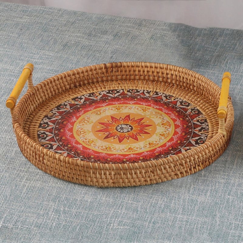 Austas apvalus padėklas Rankų darbo rotango serviravimo krepšelio stalas Vaisių duonos padėklai padėklas su rankenomis Kavos staliuko papuošimai 3 dydžiai