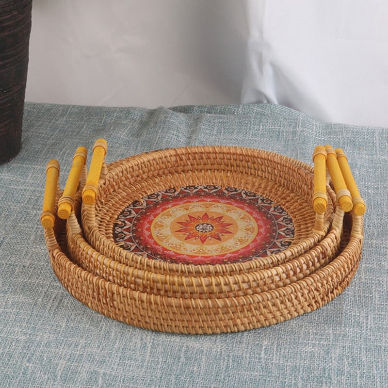 Austas apvalus padėklas Rankų darbo rotango serviravimo krepšelio stalas Vaisių duonos padėklai padėklas su rankenomis Kavos staliuko papuošimai 3 dydžiai