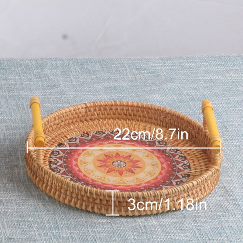 Austas apvalus padėklas Rankų darbo rotango serviravimo krepšelio stalas Vaisių duonos padėklai padėklas su rankenomis Kavos staliuko papuošimai 3 dydžiai