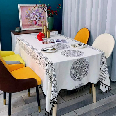 Boho jedálenský vodeodolný obrus s potlačou bavlny s čipkou a strapcami na stôl, párty, svadobná dekorácia stola