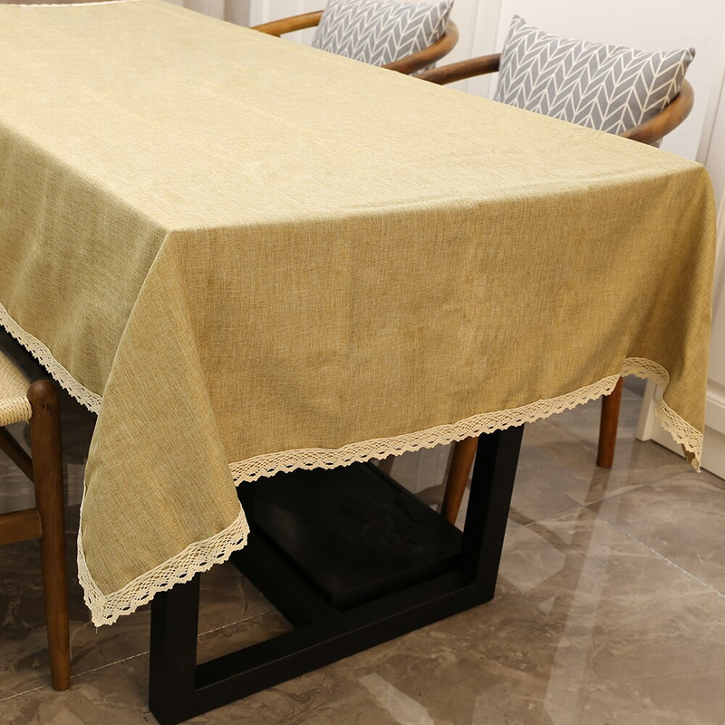 Jednofarebný obrus s čipkou, bavlnený ľanový obrus, umývateľný obrus na stôl do kuchyne, jedálenský stôl