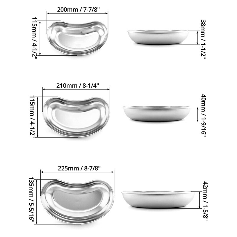 Miska na obličky, 3 ks (200 mm + 210 mm + 225 mm) z nehrdzavejúcej ocele 304 v tvare obličky, misky na laboratórne nástroje