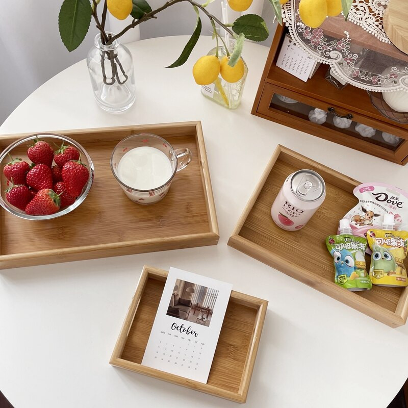 Fa bambusz tálca élelmiszerekhez Téglalap teátálcák Gyümölcs kenyér tányér fogantyúval Konyhai tároló tányérok Étterem Fa edények