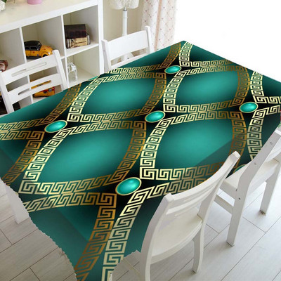 3D tyrkysovo modrý zlatý grécky kľúč meander okraj obrus obrus luxusný moderný geometrický dlhý obrus obdĺžnik bytová dekorácia