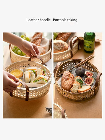 Кожена дръжка Ръчно тъкана ратанова тава за съхранение на плодове Кошница за домакински вещи Хляб за закуска Десертна чиния Поднос за сервиране