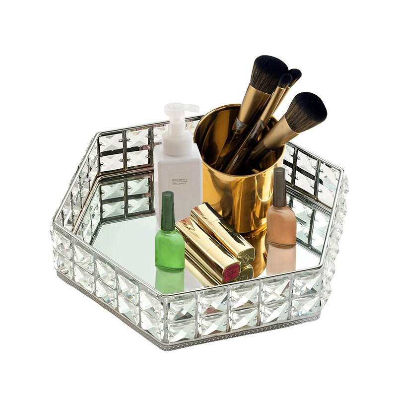 Nordic Glass Mirror Crystal Hatszög tortatál otthoni party desszert kozmetikai kijelzőtálca