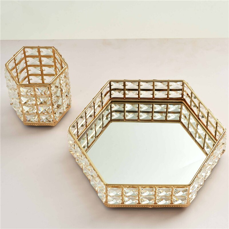 Nordic Glass Mirror Crystal Hatszög tortatál otthoni party desszert kozmetikai kijelzőtálca