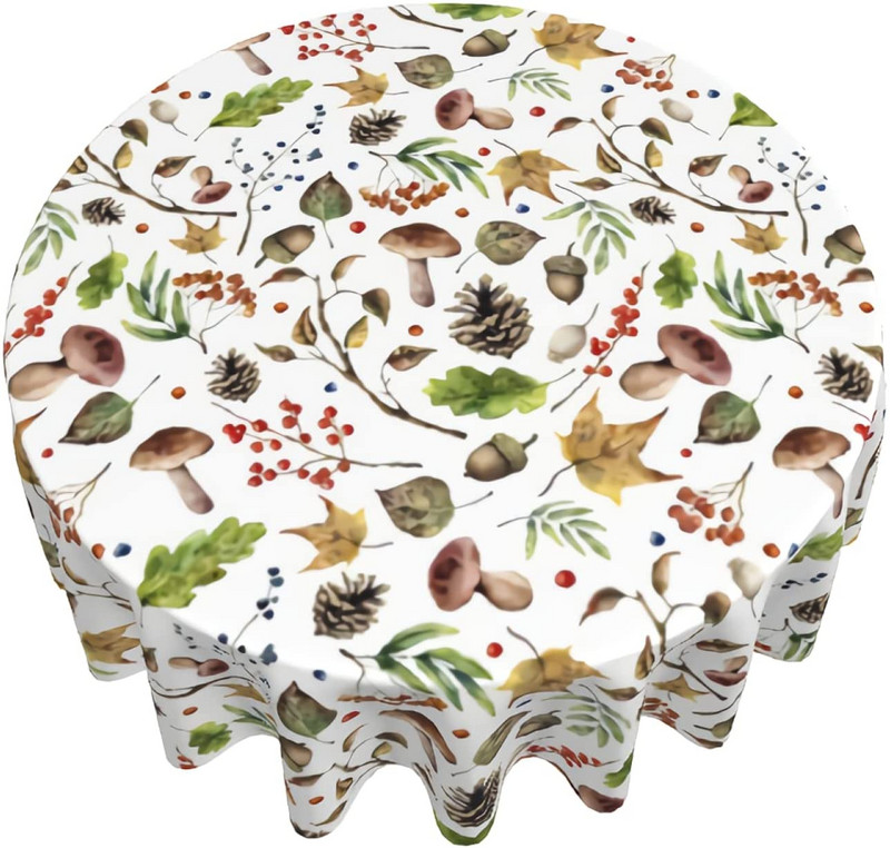 Ακουαρέλα Μανιτάρι Στρογγυλό Τραπέζι Πανί Φθινοπωρινό Δάσος Φθινοπωρινά Φύλλα Πλενόμενα Τραπεζοκάλυμμα Τραπεζιού Ύφασμα Πολυεστερικό Τραπεζομάντηλο εξωτερικού χώρου