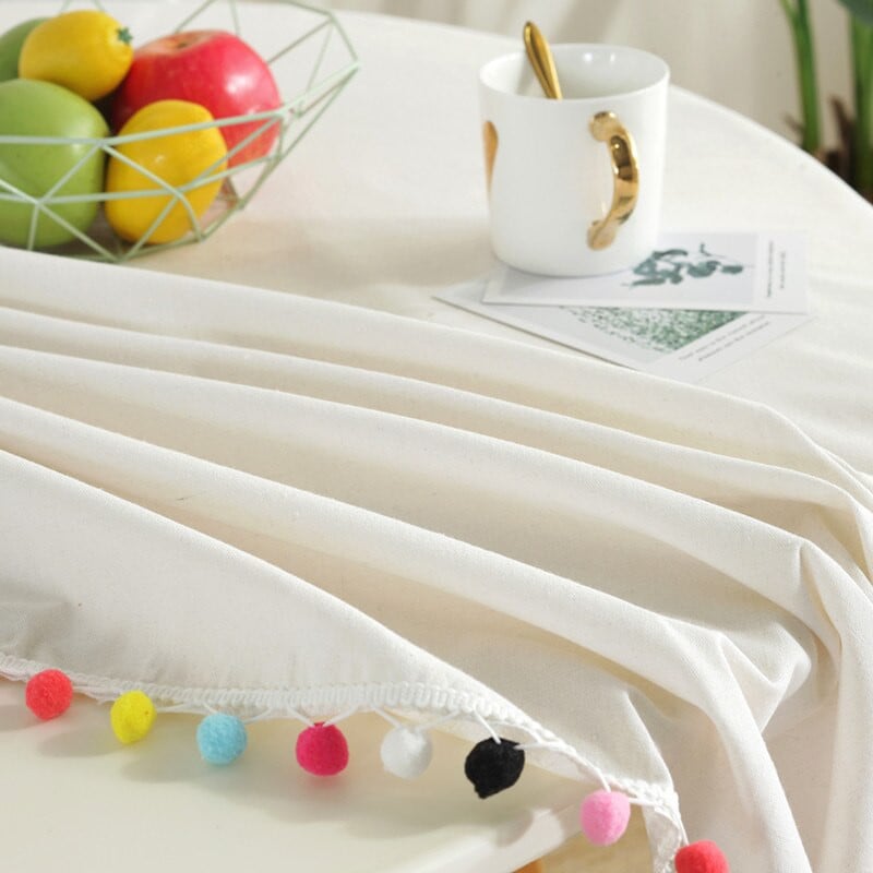 Tvirtas medvilninis linas su spalvingais plaukų kamuoliukais kutais dekoruota staltiesė Apvali staltiesė arbatai Apvalus stalas Žemėlapis Stalo viršelis
