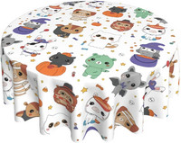 Halloweensky okrúhly obrus, vtipný kawaii kreslený zvieratko, umývateľný, odolný voči pokrčeniu a škvrnám, vonkajší obrus 60 palcov