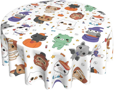 Halloweensky okrúhly obrus, vtipný kawaii kreslený zvieratko, umývateľný, odolný voči pokrčeniu a škvrnám, vonkajší obrus 60 palcov