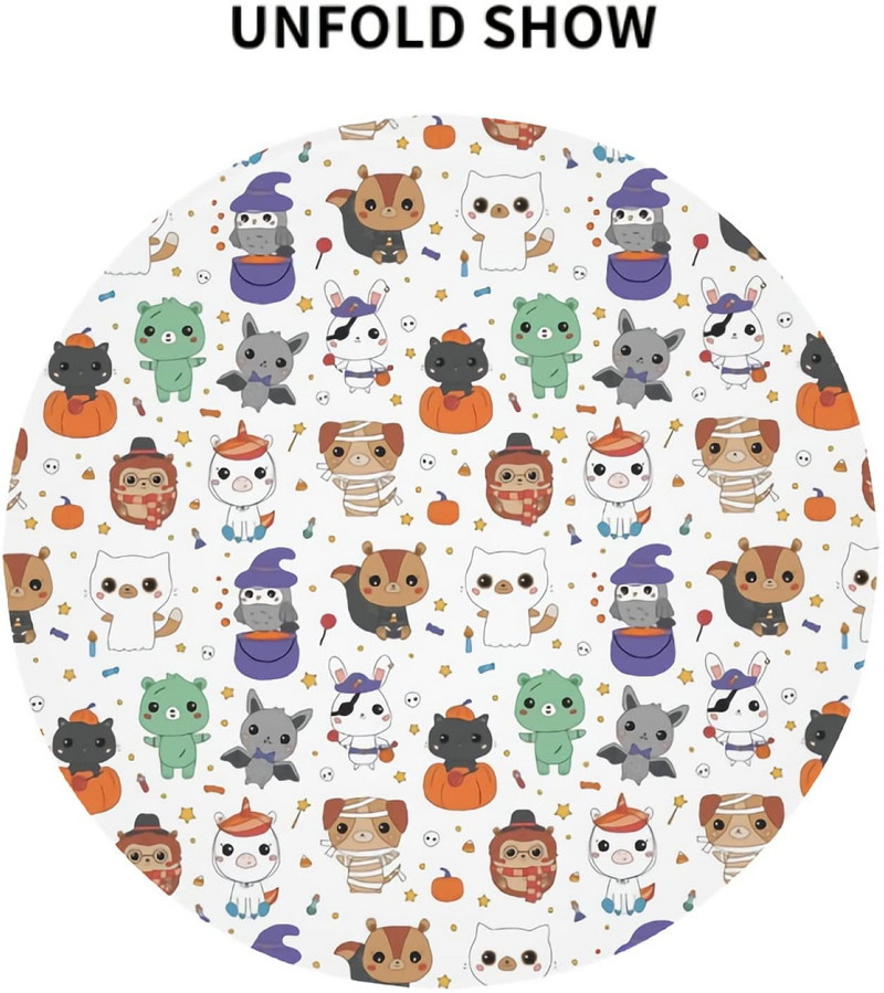 Halloweensky okrúhly obrus, vtipný kawaii kreslený zvieratko, umývateľný, odolný voči pokrčeniu a škvrnám, vonkajší obrus 60 palcov