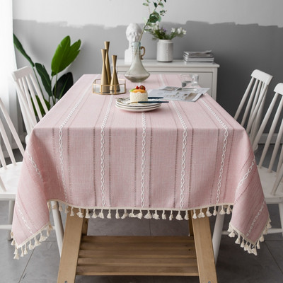 Nordic Pink Hollow Hímzett Jacquard Csíkos Téglalap Asztalterítő Karácsonyi Abrosz Pamutvászon étkezőasztal huzat Deco