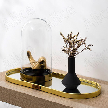 Креативна стъклена тава за съхранение Всекидневна Настолен органайзер за бижута Лек луксозен метален ръб Огледални тави Модерна декорация на дома