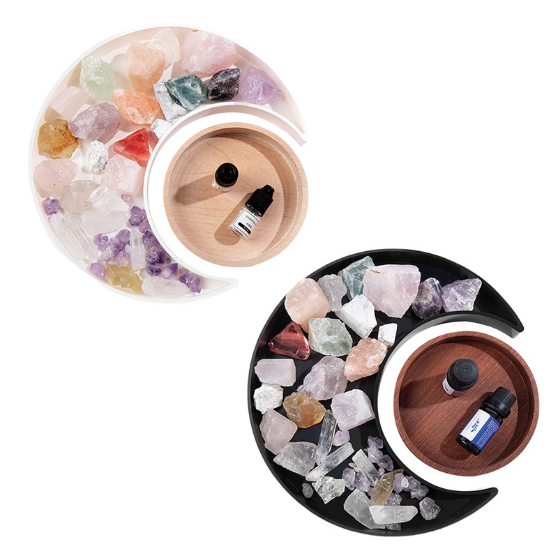 Mėnulio dėklo kristalų laikiklis ekranas Medinis apvalus saulės kristalų padėklas akmenims Išskirtinis gydomųjų kristalų laikiklis eterinio aliejaus laikiklis