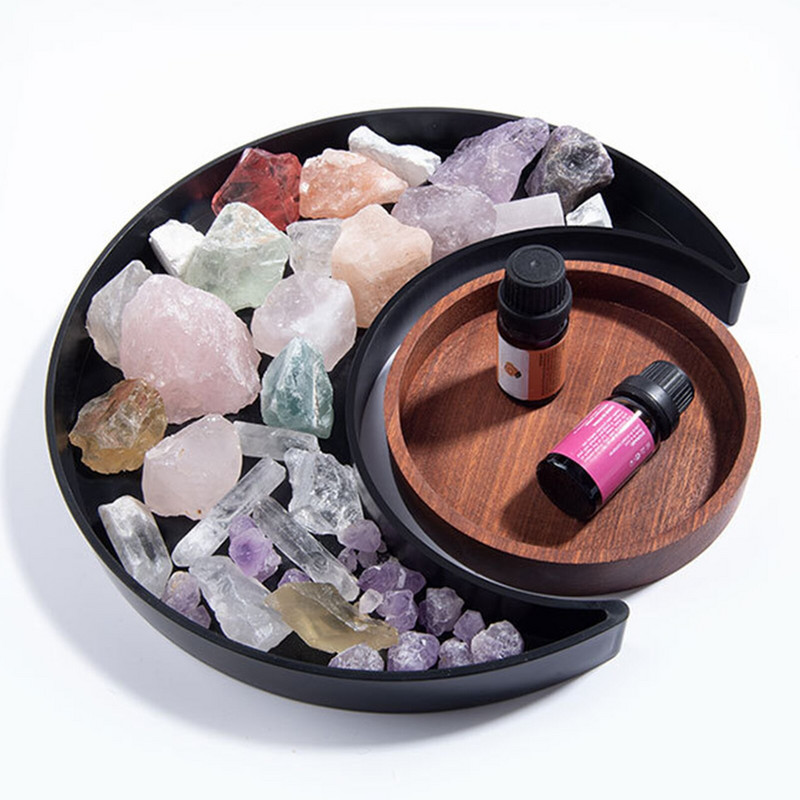 Mėnulio dėklo kristalų laikiklis ekranas Medinis apvalus saulės kristalų padėklas akmenims Išskirtinis gydomųjų kristalų laikiklis eterinio aliejaus laikiklis