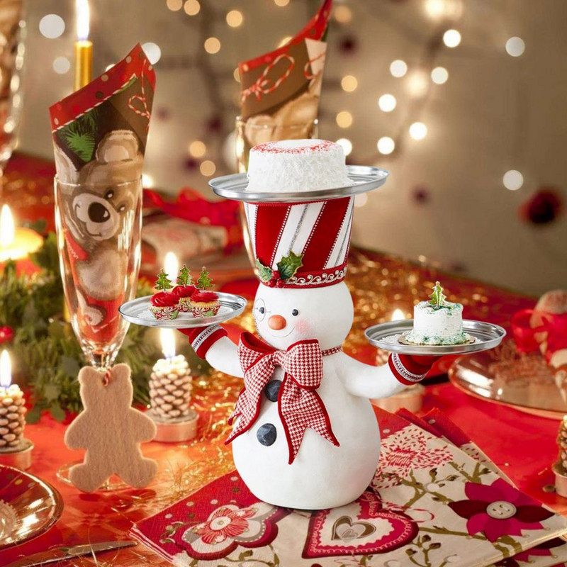 Kalėdų sniego senio skanėstų laikiklis su 3 padėklais dervos darbalaukio skulptūra Namų kalėdinis papuošimas, praktiškas Kalėdų vakarėliui