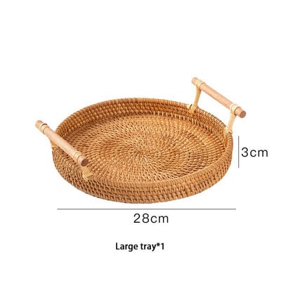 Kézzel szőtt rattan tárolótálca fából készült fogantyúval, kerek fonott kosár kenyér ételtál Gyümölcs tortatál Vacsora tálaló