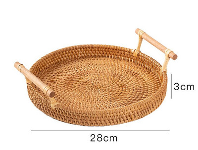 Kézzel szőtt rattan kerek kosártálca fogantyúval Kenyér Gyümölcs Élelmiszer Tároló Tányér Reggeli Ital Uzsonna Kávé Tea