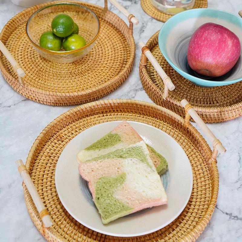 Kézzel szőtt rattan kerek kosártálca fogantyúval Kenyér Gyümölcs Élelmiszer Tároló Tányér Reggeli Ital Uzsonna Kávé Tea