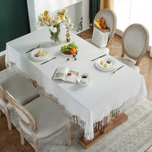 Obrus, francúzsky biely strapcový obrus na stôl, obdĺžnikový, elegantný obrus na jedálenský stôl, bytový textil