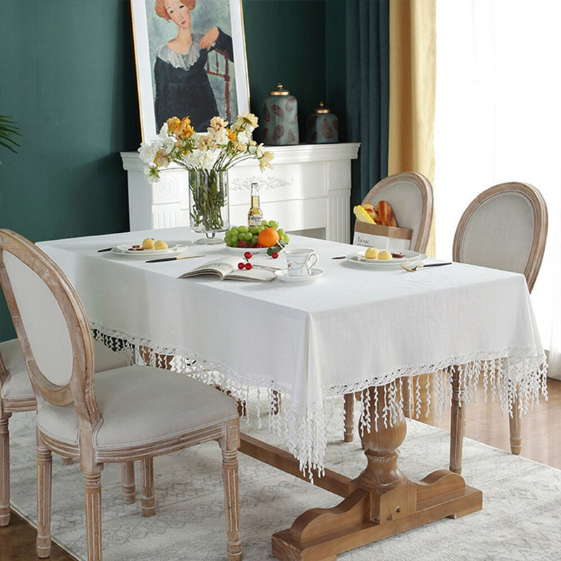 Obrus, francúzsky biely strapcový obrus na stôl, obdĺžnikový, elegantný obrus na jedálenský stôl, bytový textil