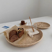 Lelkipásztori stílusú koreai rattan gyümölcskenyér tálca tárolótálca, kézzel szőtt fényképes kellékek otthoni dekoráció asztali díszek
