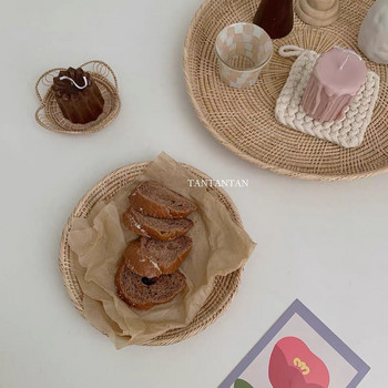 Δίσκος ψωμιού σε στυλ Κορεάτικου Vintage Rattan Δίσκος αποθήκευσης Χειροποίητα υφαντά φωτογραφικά στηρίγματα Διακόσμηση σπιτιού Διακοσμητικά επιφάνειας εργασίας