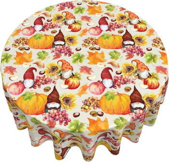 Τραπεζομάντιλο Autumn Pumpkin Gnomes Round 60 in Thanksgiving Fall Leaves Sunflower Washable Resistant στους λεκέδες Τραπεζομάντιλο