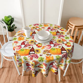 Τραπεζομάντιλο Autumn Pumpkin Gnomes Round 60 in Thanksgiving Fall Leaves Sunflower Washable Resistant στους λεκέδες Τραπεζομάντιλο