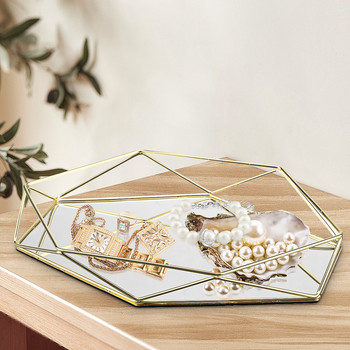 Европейска стъклена метална кухненска тава за съхранение Златна овална точкова чиния с плодове замразяване Въртящо се огледало Дисплей за бижута Тава за декорация на бонбони