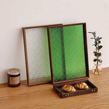 Ιαπωνικό Vintage Flower Glass Δίσκοι από μασίφ ξύλο Διακοσμητικός οργανωτής Επιτραπέζιο Καλάθι αποθήκευσης Ορθογώνιοι δίσκοι για σερβίρισμα σνακ