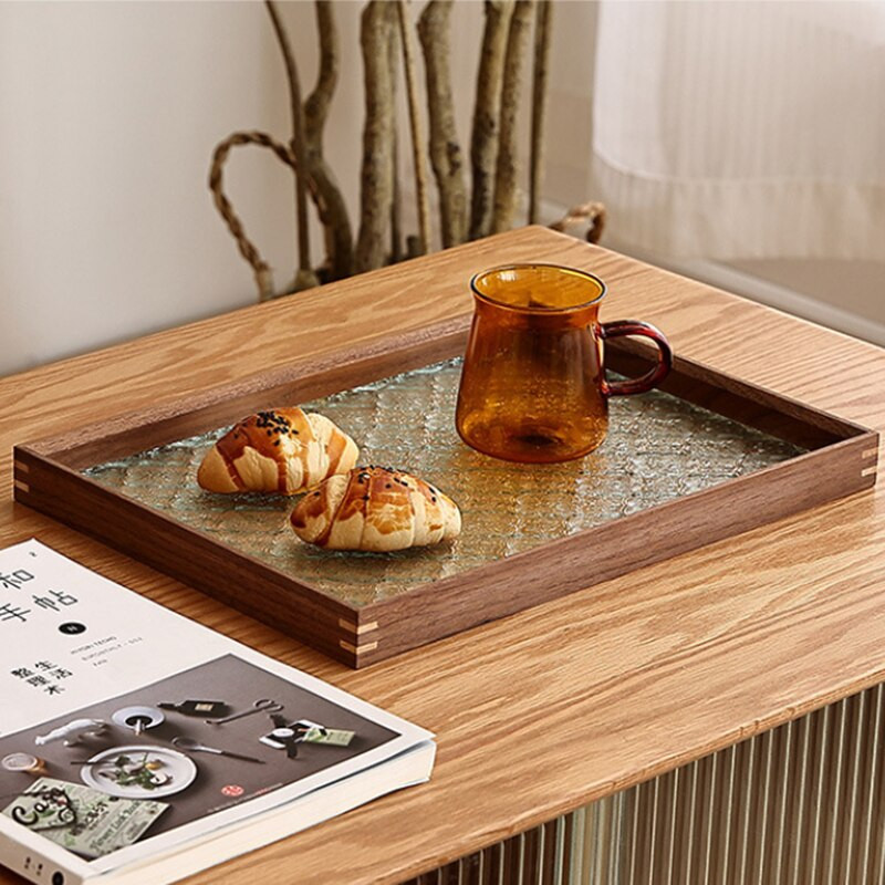 Japán vintage virágos üveg tömörfa tálcák dekoratív rendszerező asztal tároló kosár téglalap alakú tálcák ételek felszolgálásához