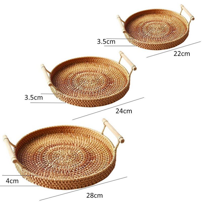 Pladanj od ratana s ručkom - ručno tkani višenamjenski pladanj od pruća s izdržljivim vlaknima ratana (okrugli promjer 22/24/28 cm, prirodni)