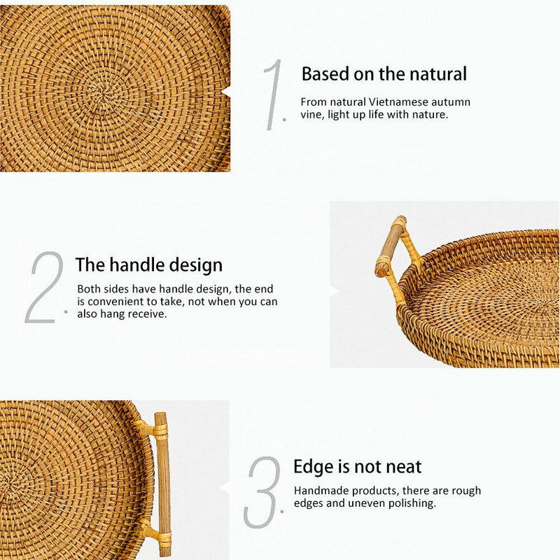 Pladanj od ratana s ručkom - ručno tkani višenamjenski pladanj od pruća s izdržljivim vlaknima ratana (okrugli promjer 22/24/28 cm, prirodni)